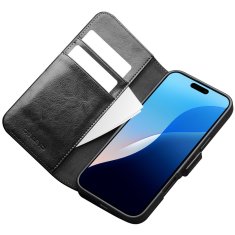 Ovitek s preklopom za iPhone 16 Pro Max, usnjena denarnica , črna