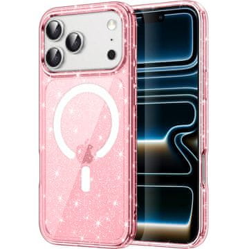GS Ovitek za iPhone 17 Pro, odporen na MagSafe, bleščeč, prosojno roza