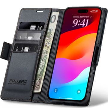 Overboard sijajni ovitek z ličijem za iPhone 17 Pro Max, denarnica z zavihkom, črn