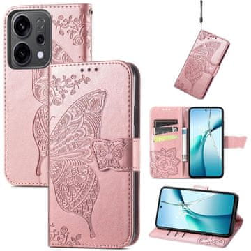 GS Preklopni ovitek za Oppo Reno 14, reliefni vzorec metulja, rožnato zlato