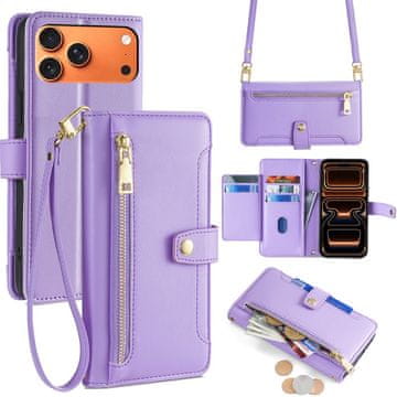 GS Ovitek za iPhone 17 Pro Max z zadrgo, denarnica, vijoličen