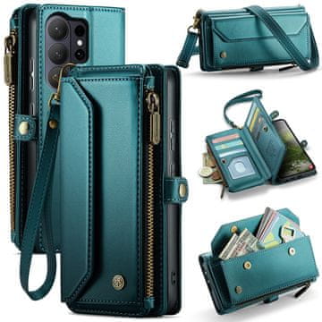 CaseMe Ovitek za Samsung Galaxy S26 Ultra, usnjena denarnica RFID, z naramnim trakom, zelena