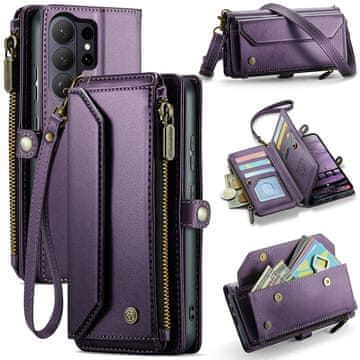 CaseMe Ovitek za Samsung Galaxy S26 Ultra, usnjena denarnica RFID, z naramnim trakom, vijolična