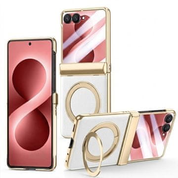 GS Ovitek za Samsung Galaxy Z Flip 8, s stojalom in steklom za zunanji zaslon, bel