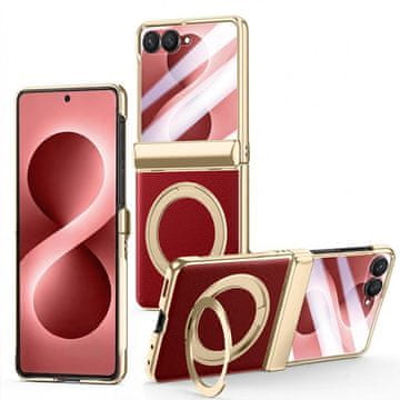 GS Ovitek za Samsung Galaxy Z Flip 8, s stojalom in steklom za zunanji zaslon, rdeč