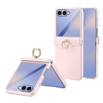 GS Ovitek za Samsung Galaxy Z Flip 8, držalo za prstan, stojalo, s steklom za zunanji zaslon, roza