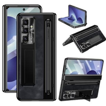 GS Usnjen ovitek za Samsung Galaxy Z Fold 8 Ultra s stojalom, pisalom in zunanjim steklom, črne barve
