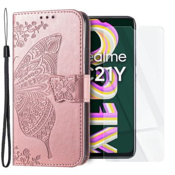 GS Komplet preklopnih ovitkov za Realme C21Y / C25Y, metulj, rožnato zlato + steklo