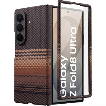 GS Ovitek za Samsung Galaxy Z Fold 8 Ultra, tekstura iz karbonskih vlaken, s steklom za zunanji zaslon, MagSafe, rumeno-rjav