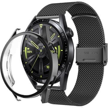 GS Milanska zapestnica + ovitek z zaščitnim ovitko za Huawei Watch GT 3 46 mm, črna