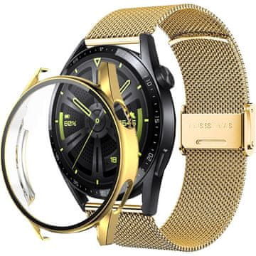 GS Milanska zapestnica + ovitek z zaščitnim ovitko za Huawei Watch GT 3 46 mm, zlata