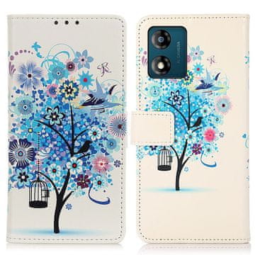 GS Ovitek za Motorola Moto E13, denarnica, modra, cvetlično drevo