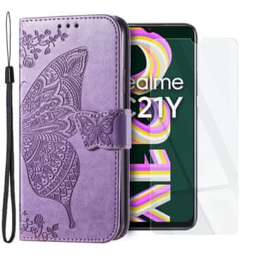 GS Komplet preklopnih ovitkov za Realme C21Y / C25Y, metulj, vijoličen + steklo
