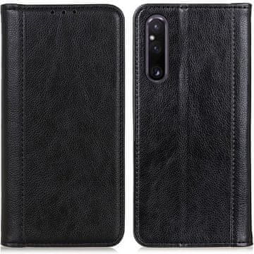 GS Ovitek za Sony Xperia 1 V, denarnica iz usnja Litchi, črna