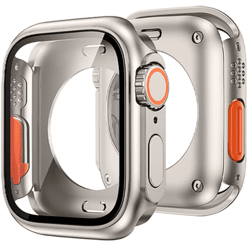 GS 2v1 polno ohišje + kaljeno steklo za Apple Watch 7/8/9 45MM, titanovo/oranžno