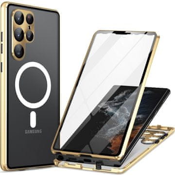 GS Magnetni ovitek MagSafe z dvojnim steklom za Samsung Galaxy S23 Ultra, zlat