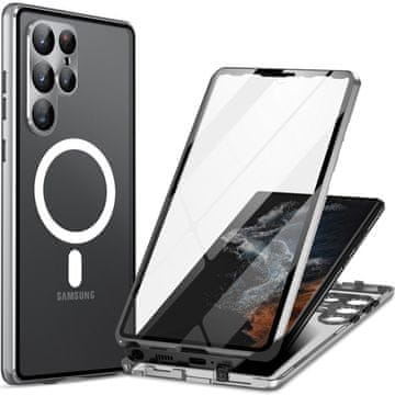 GS Magnetni ovitek MagSafe z dvojnim steklom za Samsung Galaxy S23 Ultra, srebrn