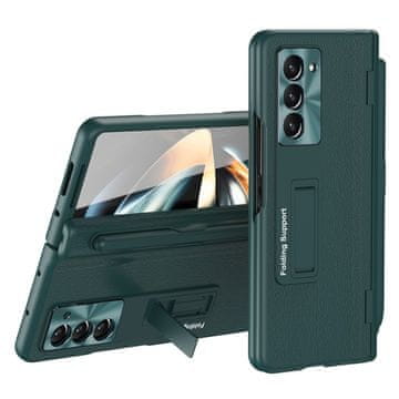 GS Usnjen ovitek za Samsung Galaxy Z Fold5 5G, ovitek s stojalom, s stojalom in steklom, zelen