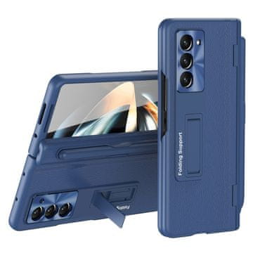 GS Usnjen ovitek za Samsung Galaxy Z Fold5 5G, ovitek s stojalom, s stojalom in steklom, moder