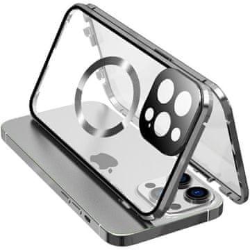 Overboard Magnetni ovitek MagSafe z dvojnim steklom za iPhone 15 Pro Max, srebrn