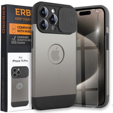 Overboard Ovitek za iPhone 15 Pro Max, drsnik kamere MagProtect za MagSafe, titanovo siv + kaljeno steklo