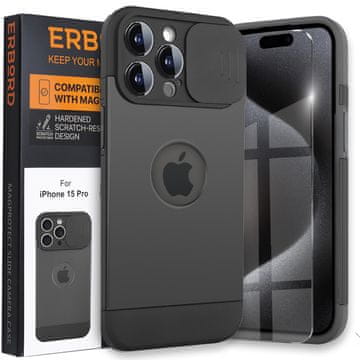 Overboard Ovitek za iPhone 15 Pro Max, drsnik kamere MagProtect za MagSafe, črn + kaljeno steklo