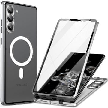 GS Magnetni ovitek MagSafe z dvojnim steklom za Samsung Galaxy S24, srebrn
