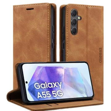 Overboard Ovitek za Samsung Galaxy A55, Vintage preklopni ovitek z denarnico, rjav + zaščitno steklo za zaslon