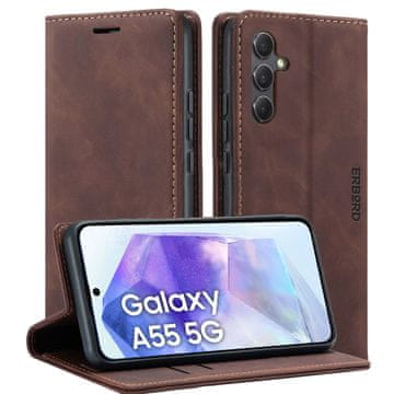 Overboard Ovitek za Samsung Galaxy A55, vintage preklopni ovitek , barva kave + zaščitno steklo za zaslon
