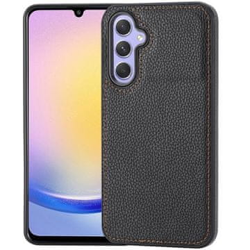 GS Usnjen ovitek za Samsung Galaxy A25 5G, usnjeno ohišje iz ličija, črno + 9H steklo