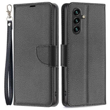 GS Ovitek za Samsung Galaxy A55 5G, denarnica iz usnja Litchi, črne barve