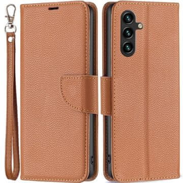 GS Ovitek za Samsung Galaxy A15, denarnica iz usnja Litchi, rjava + 9H steklo