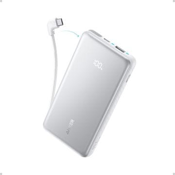 Anker Zolo polnilna baterija z vgrajenim USB-C kablom, 10000 mAh, 22,5 W, bela (A110DH21)