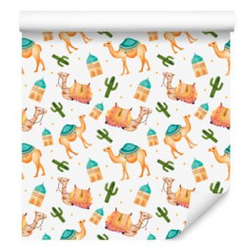 Tapeta Camels bela, krem in limeta za dnevno sobo in spalnico 50x1000 cm
