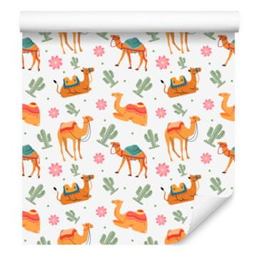 Tapeta Camels bela, krem in koralna za dnevno sobo in spalnico 50x1000 cm