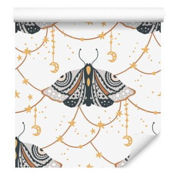 Tapeta z mavricami in metulji v boho stilu, siva, zlata in krem, 50x1000 cm