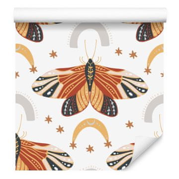 Tapeta z mavricami in metulji, boho, oranžna, zlata in svetlo siva, 50x1000 cm