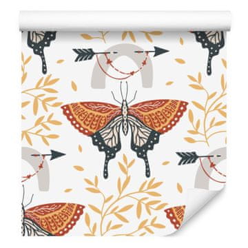 Mavrice in metulji Boho tapeta kremne in oranžne barve za dnevno sobo in spalnico 50x1000