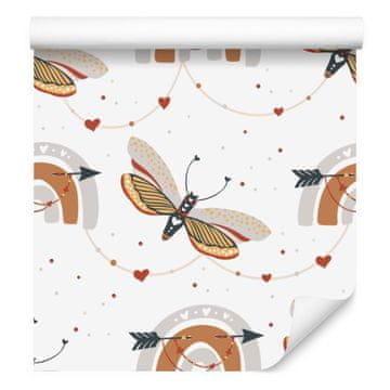 Boho tapeta z mavricami in metulji, svetlo siva in oranžna, 50x1000 cm