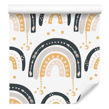 Mavrice in metulji Boho tapeta bela, krem in svetlo siva 50x1000 cm