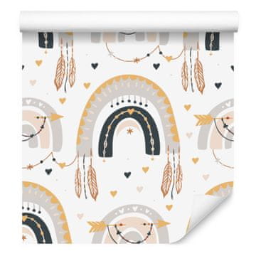 Boho tapeta z mavricami in metulji, bela in svetlo siva, 50x1000 cm