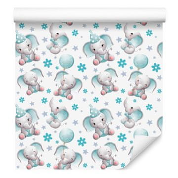 Tapeta slon v beli, svetlo sivi in celadon barvi za dnevno sobo in spalnico 50x1000