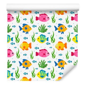 Tapeta z ribami v beli in limetini barvi za dnevno sobo in spalnico 50x1000 cm
