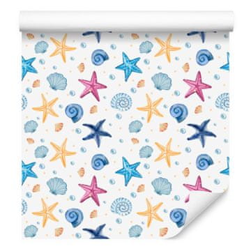 Tapeta z morsko zvezdo v beli in azurni barvi za dnevno sobo in spalnico 50x1000 cm