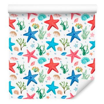 Tapeta z morsko zvezdo v beli in koralni barvi za dnevno sobo in spalnico 50x1000 cm