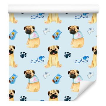 Tapeta s psi v beli, kremni in azurni barvi za dnevno sobo in spalnico 50x1000 cm