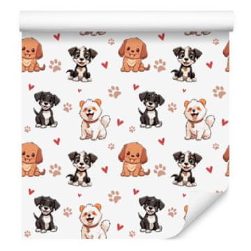 Tapeta s psi v beli in sivi barvi za dnevno sobo in spalnico 50x1000 cm