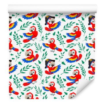 Fototapeta s papigo v beli, svetlo sivi in koralni barvi za dnevno sobo in spalnico 50x1000 cm