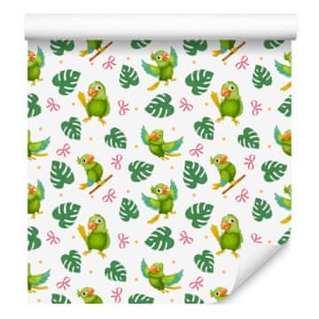 Fototapeta s papigami, bela in zelena, za dnevno sobo in spalnico 50x1000 cm