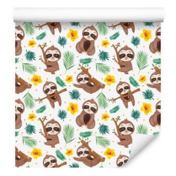 Tapeta Sloths bela, bež, svetlo siva in krem 50x1000 cm